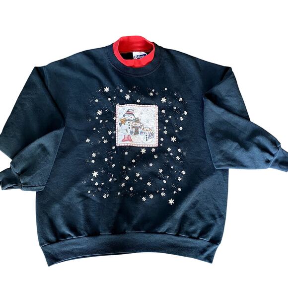 Vintage 90's Grandmacore Women's Black Snowman Winter Patchwork Sweatshirt XL - Picture 2 of 10